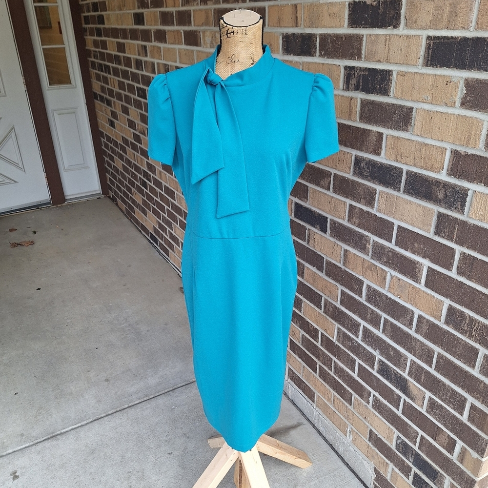 Maggy London Tie Neck Teal Dress - Picture 5 of 14